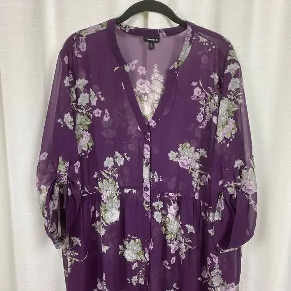 Torrid Purple Floral Chiffon Hi-Lo Tunic Blouse Sz.2 - Picture 5 of 14
